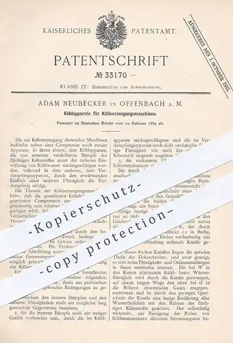 original Patent - Adam Neubecker , Offenbach / Main , 1885 , Kühlapparat für Kälteerzeugungsmaschine | Kühlung , Kälte !