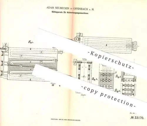 original Patent - Adam Neubecker , Offenbach / Main , 1885 , Kühlapparat für Kälteerzeugungsmaschine | Kühlung , Kälte !