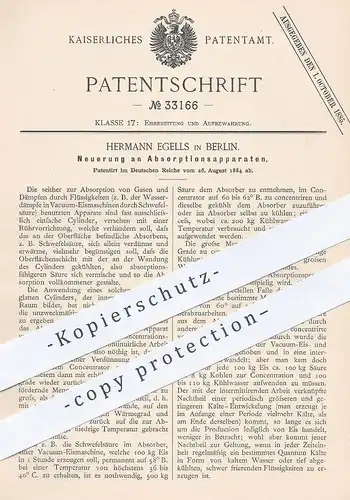 original Patent - Hermann Egells , Berlin , 1884 , Absorptionsapparat | Absorption von Gas | Vakuum - Eismaschine | Eis