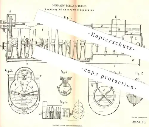 original Patent - Hermann Egells , Berlin , 1884 , Absorptionsapparat | Absorption von Gas | Vakuum - Eismaschine | Eis