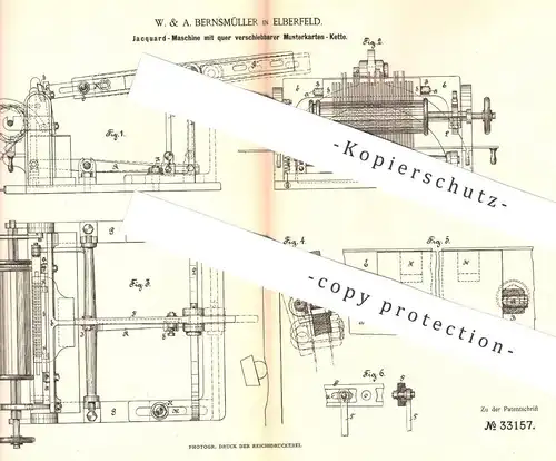original Patent - W. & A. Bernsmüller , Elberfeld , 1885 , Jacquard - Maschine mit Musterkarten - Kette | Weber , Weben
