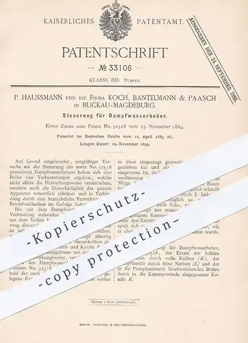 original Patent - P. Haussmann | Koch , Bantelmann & Paasch , Magdeburg / Buckau , 1885 , Steuerung für Wasser - Pumpe !