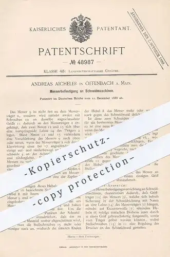 original Patent - Andreas Aicheler , Offenbach / Main , 1888 , Befestigung der Messer an Schneidmaschine | Schneidzeug !