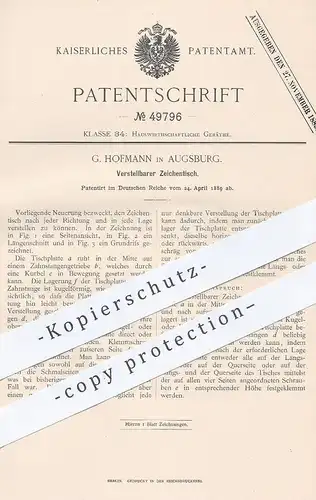 original Patent - G. Hofmann , Augsburg 1889 , Verstellbarer Zeichentisch | Pult , Schreibtisch , Bauzeichner , Tischler