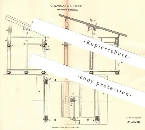 original Patent - G. Hofmann , Augsburg 1889 , Verstellbarer Zeichentisch | Pult , Schreibtisch , Bauzeichner , Tischler