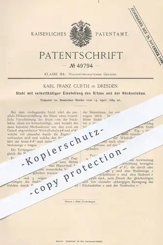 original Patent - Karl Franz Curth , Dresden , 1889 , Stuhl mit verstellbarem Sitz u. Rückenlehne | Tischler , Sessel !!