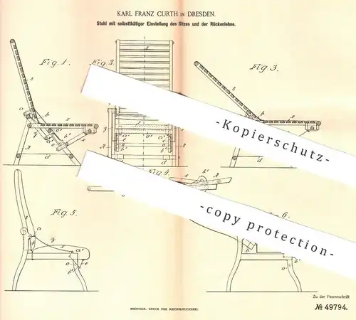 original Patent - Karl Franz Curth , Dresden , 1889 , Stuhl mit verstellbarem Sitz u. Rückenlehne | Tischler , Sessel !!