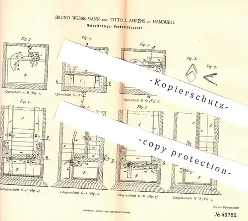 original Patent - Bruno Wesselmann , Otto L. Ahrens , Hamburg 1889 , Verkaufsautomat mit Münzeinwurf | Waren - Automat