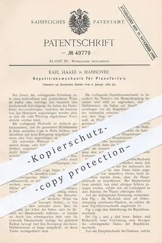 original Patent - Karl Haake , Hannover , 1889 , Repetitionsmechanik für Pianoforte , Piano , Klavier | Musikinstrument