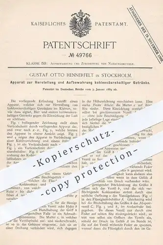 original Patent - Gustav Otto Rennerfelt , Stockholm , Schweden , 1889 , kohlensäurehaltige Getränke herstellen | Bier