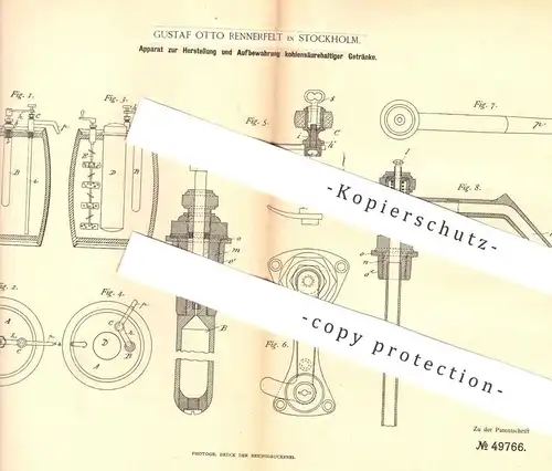 original Patent - Gustav Otto Rennerfelt , Stockholm , Schweden , 1889 , kohlensäurehaltige Getränke herstellen | Bier