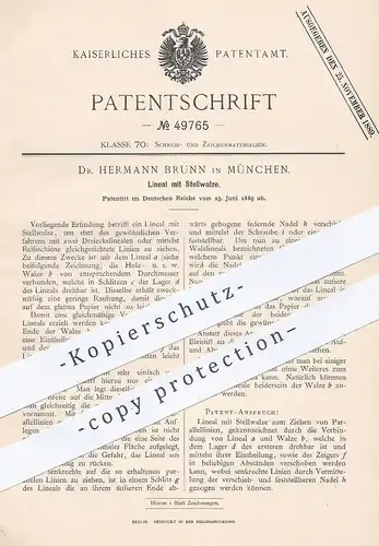 original Patent - Dr. Hermann Brunn , München , 1889 , Lineal mit Stellwalze | Parallele Linien zeichnen | Bauzeichner !