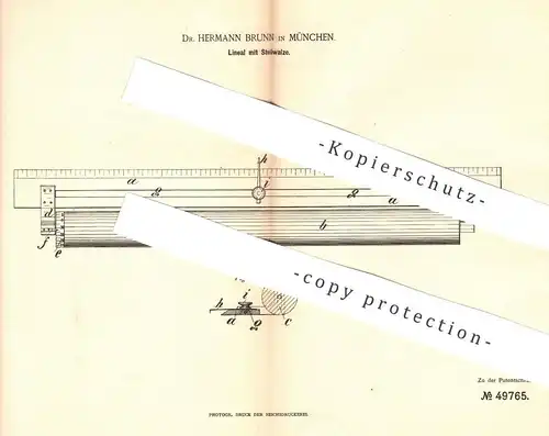 original Patent - Dr. Hermann Brunn , München , 1889 , Lineal mit Stellwalze | Parallele Linien zeichnen | Bauzeichner !