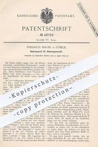 original Patent - Friedrich Mager , Lübeck , 1889 , Ruderapparat als Sportgerät | Rudern , Turngerät , Sportler , Sport