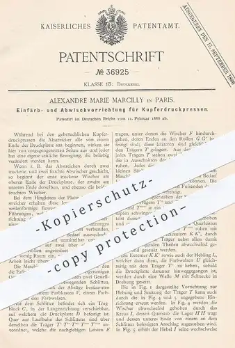 original Patent - Alexandre Marie Marcilly , Paris 1886 , Einfärben an Kupferdruckpresse | Kupfer - Druckpresse | Presse