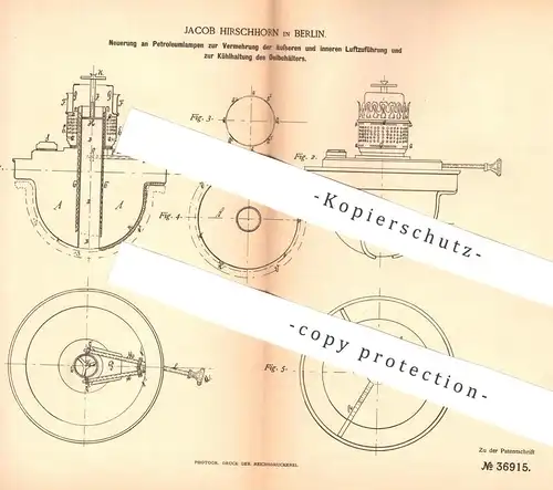 original Patent - Jacob Hirschhorn , Berlin , 1885 , Luftzufuhr an Petroleumlampe | Petroleum - Lampen | Öl , Licht !!!