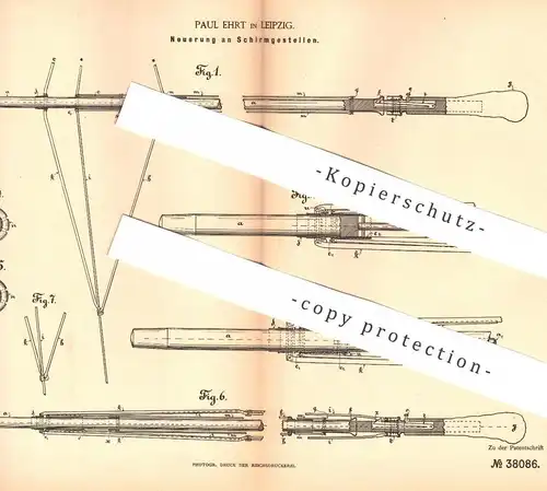 original Patent - Paul Ehrt , Leipzig , 1886 , Schirmgestell | Schirm , Regenschirm , Sonnenschirm , Schirmstock !!