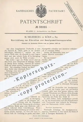 original Patent - M. Neuerburg , Köln / Rhein , 1886 , Vibration von Amalgamationsapparaten | Erz , Erze , Holz , Kohle