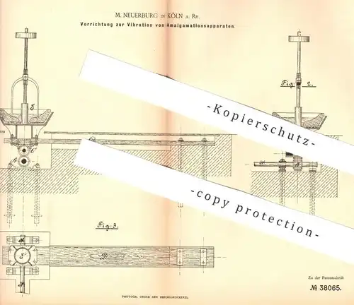 original Patent - M. Neuerburg , Köln / Rhein , 1886 , Vibration von Amalgamationsapparaten | Erz , Erze , Holz , Kohle