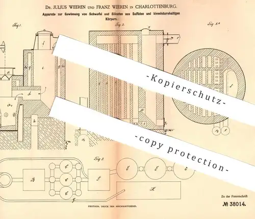 original Patent - Dr. Julius u. Franz Weeren , Berlin / Charlottenburg , 1885 , Gewinnung von Schwefel & Silikat | Säure