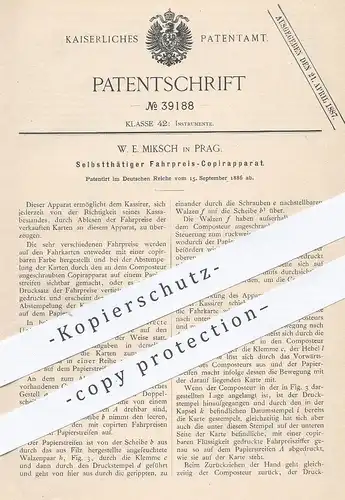 original Patent - W. E. Miksch , Prag , 1886 , Fahrpreis - Kopierapparat | Fahrkarten , Papier - Karten , Eintrittskarte