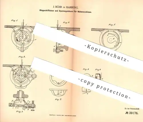 original Patent - J. Bühr , Hamburg , 1886 , Ringschiffchen und Spülengehäuse für Nähmaschine | Schneider , Nähen !!!