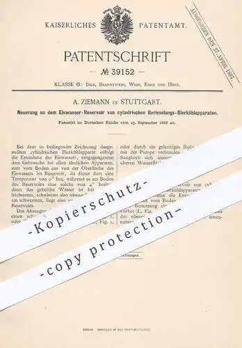 original Patent - A. Ziemann , Stuttgart , 1886 , Eiswasser - Reservoir am Bierkühlapparat | Bier - Kühler , Kühlung !!!