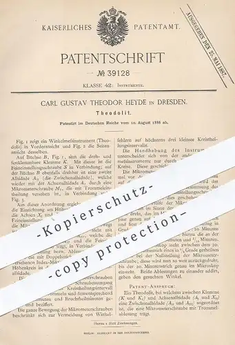original Patent - Carl Gustav Theodor Heyde , Dresden , 1886 , Theodolit | Winkelmessinstrument , Geodäsie , Vermessung