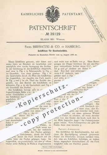original Patent - Biernatzki & Co. , Hamburg , 1886 , Schiffchen für Bandwebstuhl | Webstuhl , Weben , Weber !!