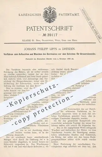 original Patent - Johann Philipp Lipps , Dresden , 1886 , Anfeuchten u. Waschen von Malz | Bier - Brauerei | Darrmalz