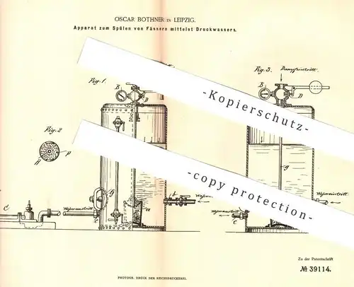 original Patent - Oscar Bothner , Leipzig , 1886 , Spülen der Fässer mittels Druckwasser | Bier - Fass , Bierfass , Wein