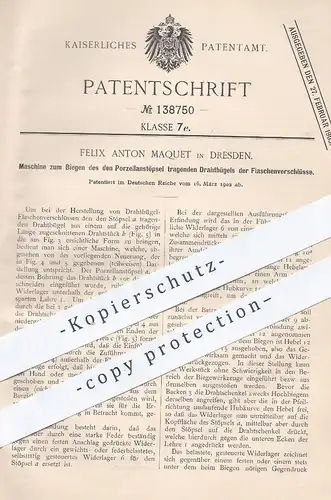 original Patent - Felix Anton Maquet , Dresden , 1902 , Porzellanstöpsel - Drahtbügel - Flaschenverschluss | Flasche !