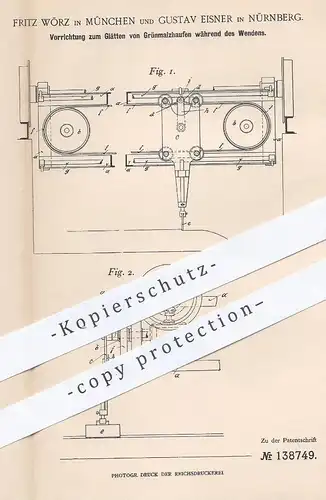 original Patent - Fritz Wörz , München , Gustav Eisner , Nürnberg , 1901 , Glätten von Grünmalzhaufen | Malz wenden !!