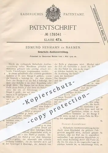 original Patent - Edmund Herhahn , Barmen , 1902 , Auslösen sofortigen Stillstands an Maschinen | Arbeitsschutz , Motor