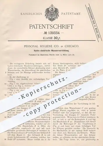 original Patent - Personal Hygiene Co. Chicago , 1902 , Hydro-elektrische Massiervorrichtung | Massage per elektr. Strom