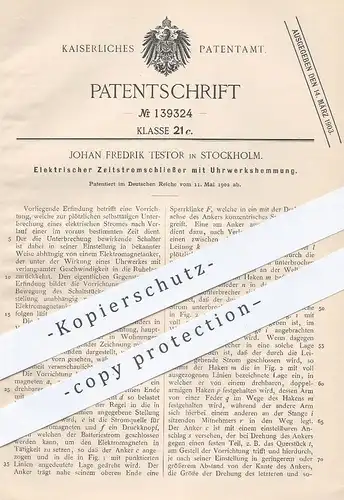 original Patent - Johan Fredrik Testor , Stockholm Schweden 1902 , Elektr. Zeitstromschließer mit Uhrwerk Hemmung | Uhr