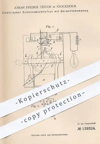 original Patent - Johan Fredrik Testor , Stockholm Schweden 1902 , Elektr. Zeitstromschließer mit Uhrwerk Hemmung | Uhr