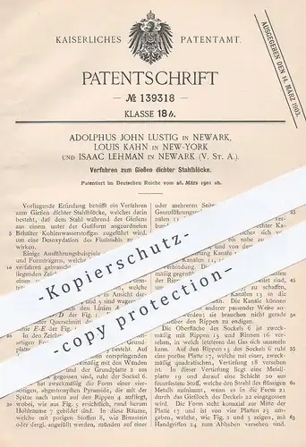 original Patent - Adolphus John Lustig , Isaac Lehman , Newark , Louis Kahn , New York , Stahlblock gießen | Stahl  Guss