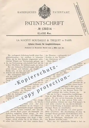 original Patent - La Société Houdaille & Triquet , Paris , Frankreich , 1902 , Zylinder für Gasglühlichtlampe | Gaslampe