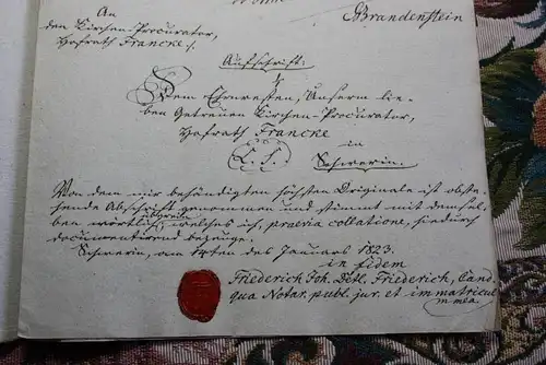 alte Urkunde , 1823 ,  von Brandenstein , Großherzog zu Mecklenburg , Hofrat Francke , Autograph , Schwerin , Siegel !!!