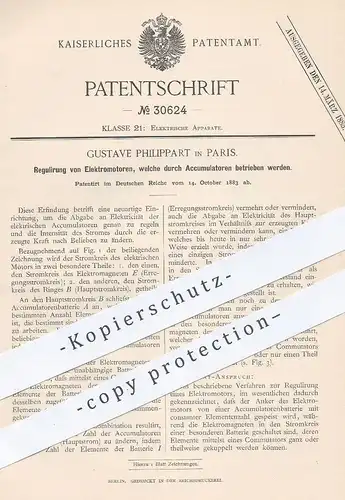 original Patent - Gustave Philippart , Paris , 1883 , Regulierung von Elektromotor mit Akku | Motor , Batterie , Strom