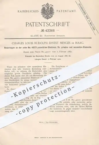 original Patent - Charles Louis Rudolph Ernest Menges , Haag , 1887 , Elektrode f. primäre u. sekundäre Elemente | Strom