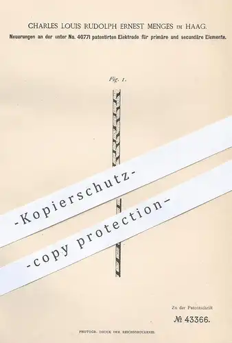 original Patent - Charles Louis Rudolph Ernest Menges , Haag , 1887 , Elektrode f. primäre u. sekundäre Elemente | Strom