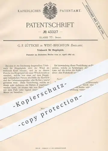 original Patent - G. F. Lütticke , West Brighton , England , 1887 , Triebwerk für Karussell | Spiel , Schausteller !!!