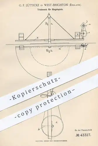 original Patent - G. F. Lütticke , West Brighton , England , 1887 , Triebwerk für Karussell | Spiel , Schausteller !!!