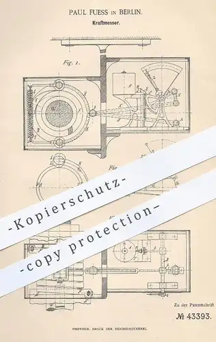 original Patent - Paul Fuess , Berlin , 1887 , Kraftmesser | Kraft - Messer | Eisenbahn , Waage , Fahrzeug !!