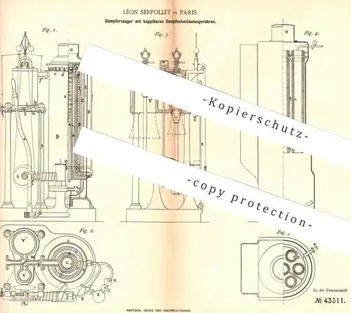 original Patent - Léon Serpollet , Paris , Frankreich , 1887 , Dampferzeuger | Dampfkessel | Kessel , Dampfmaschine !