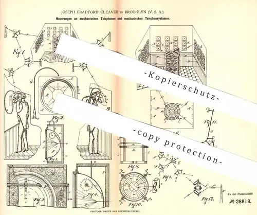 original Patent - Joseph Bradford Cleaver , Brooklyn , USA , 1883 , mechanisches Telefon | Telephon , Telefonie !!