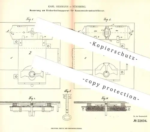original Patent - Karl Hermann , Nürnberg , 1882 , Sicherheitsapparat für Geldschrank - Schloss | Tresor , Safe , Kasse