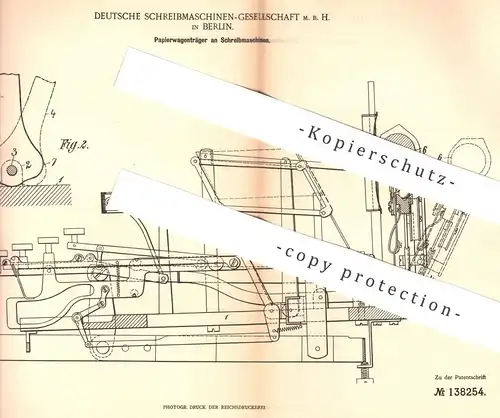 original Patent - Deutsche Schreibmaschinen GmbH , Berlin | Papierwagenträger an Schreibmaschine | Druck | Papier Walzen